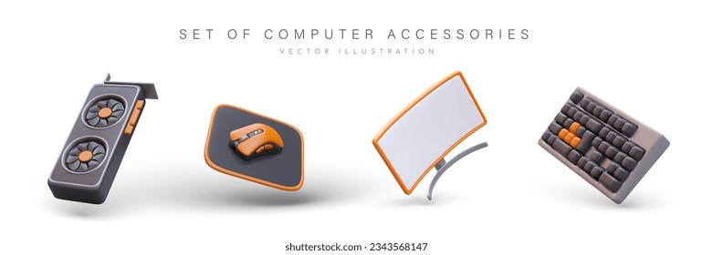 Set of computer accessories. Realistic video card, mouse with pad, curved monitor on stand, keyboard. Floating isolated vector objects. Icons in cartoon style