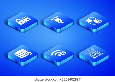 Set Computer api interface, Credit card with lock, Wifi locked, Server security, Scooter and Shield icon. Vector