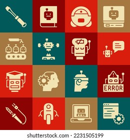 Set Computer api interface, Error robot, Bot, Robot vacuum cleaner, Disassembled, Industrial production of robots, Screwdriver and low battery charge icon. Vector