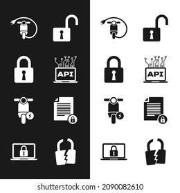 Set Computer api interface, Lock, Electric scooter, Open padlock,  and Document and icon. Vector