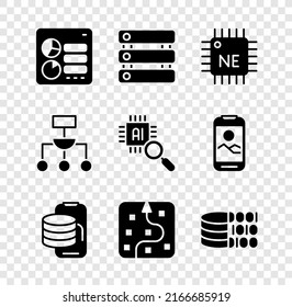 Set Computer api interface, Server, Data, Processor CPU, Cloud technology data transfer, Neural network, Binary code, Algorithm and icon. Vector