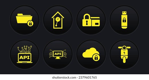 Set Computer api interface, USB flash drive with lock, , Cloud computing, Credit card and Retro wall watch icon. Vector