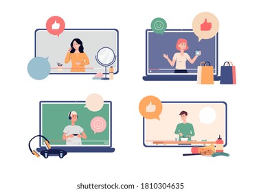 Set of computer browser screens with online video tutorials, flat vector illustration isolated on white background. Distance online education and homeschooling.