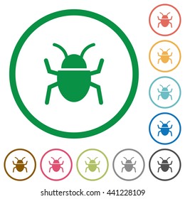 Set of computer bug color round outlined flat icons on white background