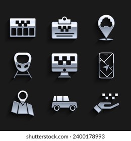 Set Computer call taxi service, Car, Hand with, City map navigation, Folded location, High-speed train, Location and Taximeter icon. Vector