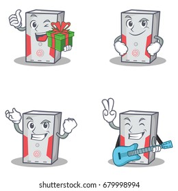 Set of computer character with gift smirking successful guitar