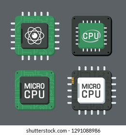 Set of computer chip icon. Computer processor with text: MICRO CHIP, quantum chip, micro cpu. Chip illustration in flat style.