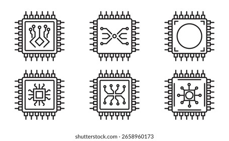 Set of computer chip icons in linear style on white background