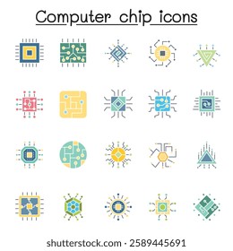 Set of Computer chip Related vector icon set. Contains such icon as circuit, mother board, electronic panel, cpu, processor and more in flat color style