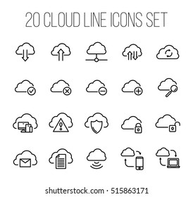 Set of computer cloud icons in modern thin line style. High quality black outline sync symbols for web site design and mobile apps. Simple linear sharing pictograms on a white background.