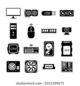 Set of computer components. Black color vector illustration.