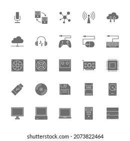 Set of Computer Components Grey Icons. System Unit, Console, Server and more.
