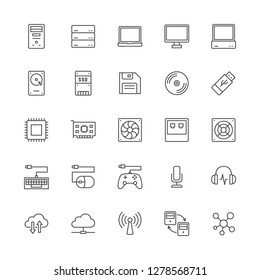 Set of computer components line icons. System unit, console, server, laptop, pc, monitor, SSD, HDD, storage disk, flash drive, usb, CPU, video card, keyboard, gamepad, headphone, wifi and more.