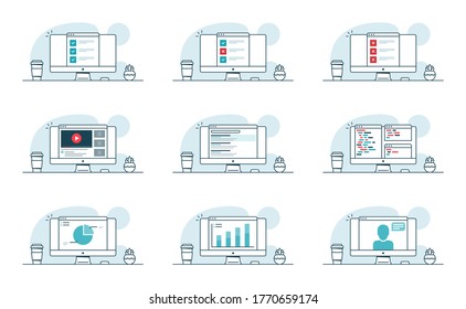 Set Of Computer Concepts. Computer With Checklist, Online Testing, Video Service, Data Analysis, Programming, Online Conference, SEO Optimization. Vector Illustrations In Line Art Style