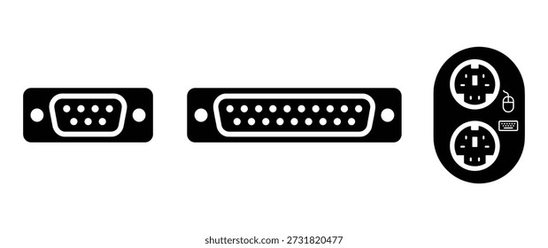 Set of computer connector ports: serial ata, ps2, db9, db25, mouse and keyboard ports. Vector illustration isolated.