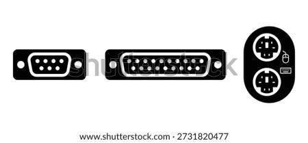 Set of computer connector ports: serial ata, ps2, db9, db25, mouse and keyboard ports. Vector illustration isolated.