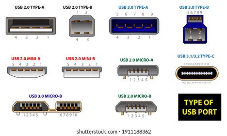 set of computer connectors or usb universal connector symbols or various usb plug connector mini micro lightning type concept. eps 10 vector