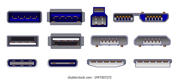 set of computer connectors or usb universal connector symbols or various usb plug connector mini micro lightning type concept. eps 10 vector, easy to modify
