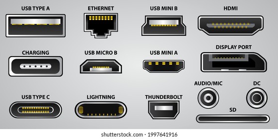 set of computer connectors or usb universal connector symbols or various usb plug connector mini micro lightning type concept.  eps vector