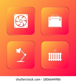 Set Computer cooler, Car battery, Table lamp and Heating radiator icon. Vector.