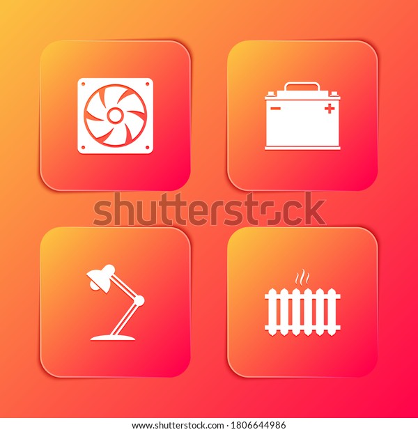 Set Computer cooler, Car battery, Table lamp and
Heating radiator icon.
Vector.