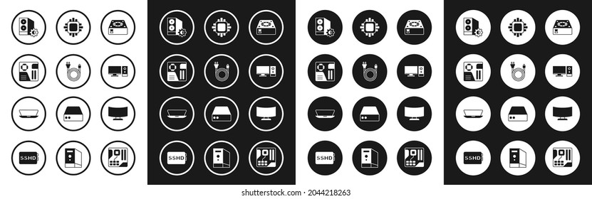 Set Computer Cooler, Electric Plug, Motherboard Digital Chip, Case Of Computer, Monitor, Processor With CPU, Screen And Laptop Icon. Vector