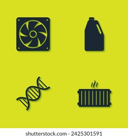 Set Computer cooler, Heating radiator, DNA symbol and Household chemicals bottle icon. Vector
