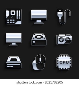 Set Computer cooler, mouse, Processor with CPU, Video graphic card, Optical disc drive, monitor screen, USB cable cord and Motherboard digital chip icon. Vector
