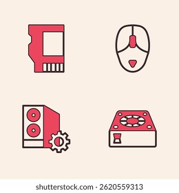 Set Computer cooler, SD card, mouse and Case of computer icon. Vector