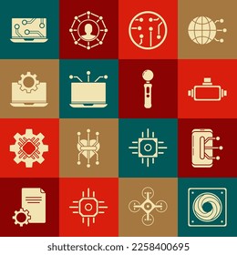 Set Computer cooler, Smartphone, mobile phone, Virtual reality glasses, Processor, Laptop, and gear,  and Gamepad icon. Vector