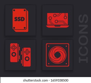 Set Computer cooler, SSD card, Laptop and Gamepad icon. Vector