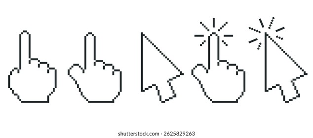 Set of computer cursors arrows and hands in pixel style. Mouse click icons, pointers on white background.