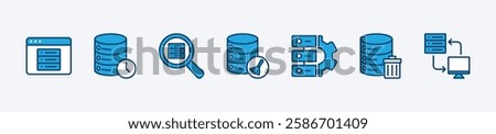 Set of computer data technology or database icon. Containing browsing, history, clear, searching, settings, remove, and switch of cache. Vector illustration