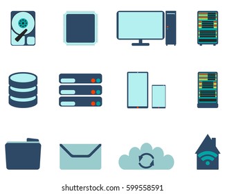 Set of computer and datebase icons. Flat Vector illustration on white background.