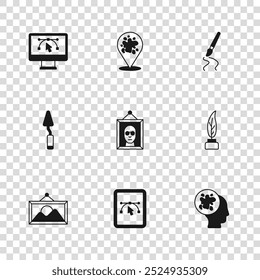Set Computer with design program, Feather and inkwell, Paint spray, Picture, brush,  and Palette knife icon. Vector