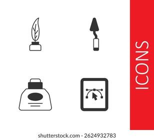 Set Computer with design program, Feather and inkwell, Inkwell and Palette knife icon. Vector