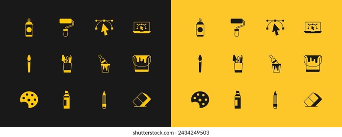 Set Computer with design program, Marker pen, Paint bucket brush, Pencil eraser, case stationery, Bezier curve, spray can and roller icon. Vector