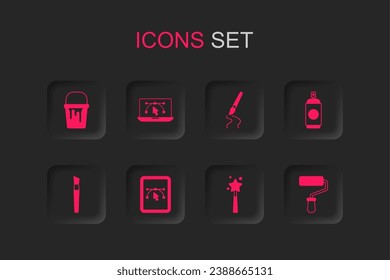 Set Computer with design program, Paint bucket, Magic wand, spray can, roller brush,  and  icon. Vector