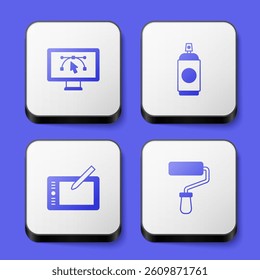 Set Computer with design program, Paint spray can, Graphic tablet and roller brush icon. White square button. Vector