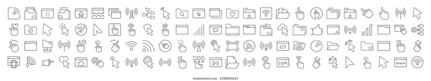 Conjunto de ícones de linha relacionados à área de trabalho do computador. Traço editável para design, sites, aplicativos e cartões. Contém imagens lineares do cursor, ondas Wi-Fi, pastas, páginas da Web