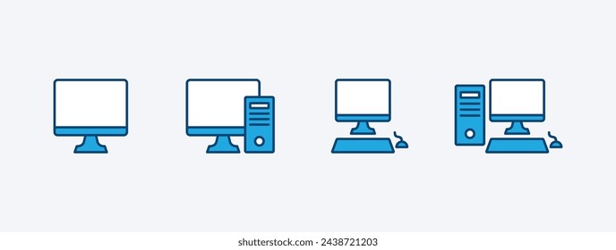 Computergerätsymbol festlegen. Mit PC, Monitor, CPU, Tastatur, Maus, Desktop. Vektorgrafik