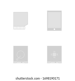 Set of Computer Device. Memory Card, Hard Disk, Solid State Disk, SSD, Tablet. Storage. Icon Symbol Flat Style 
