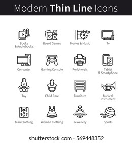 Set of computer devices, adults and children accessories, clothes, furniture and objects for home leisure. Thin black line art icons. Linear style illustrations isolated on white.