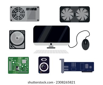 Set of computer devices in cartoon style. Vector illustration of various computer devices: computer with keyboard and mouse, speaker, power supply unit, video card, motherboard, chip, network adapter.