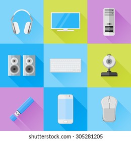 Set of computer devices flat icons. Computer monitor, keyboard, mouse, case, webcam, flash drive, headphones, speakers and mobile phone.