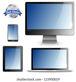 Set of Computer Devices - Monitor, Laptop, Tablet PC, Smartphone, isolated on white background