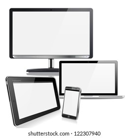 Set of Computer Devices - Monitor, Laptop, Tablet PC, Smartphone, isolated on white background