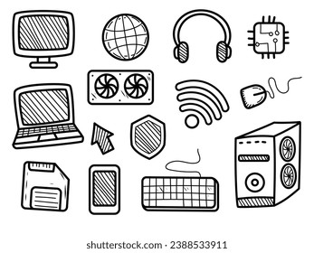 Set of computer doodle illustrations on a white background. Hand-drawn computer vector collection