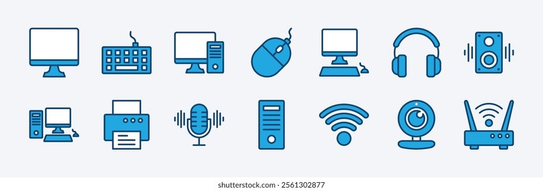 Set of computer or electronic devices icons vector contains monitor, keyboard, mouse, headphone, speaker, desktop, printer, microphone, network, camera, central processing unit, wifi, wireless, router