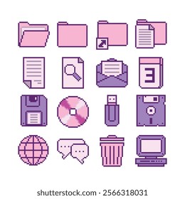 set of computer element pixel art illustration. Icon, symbol, folder, disc, file